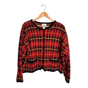 Vintage Cervelle Grandpa Cardigan Sweater Plaid Red Black Gold Buttons Size XL